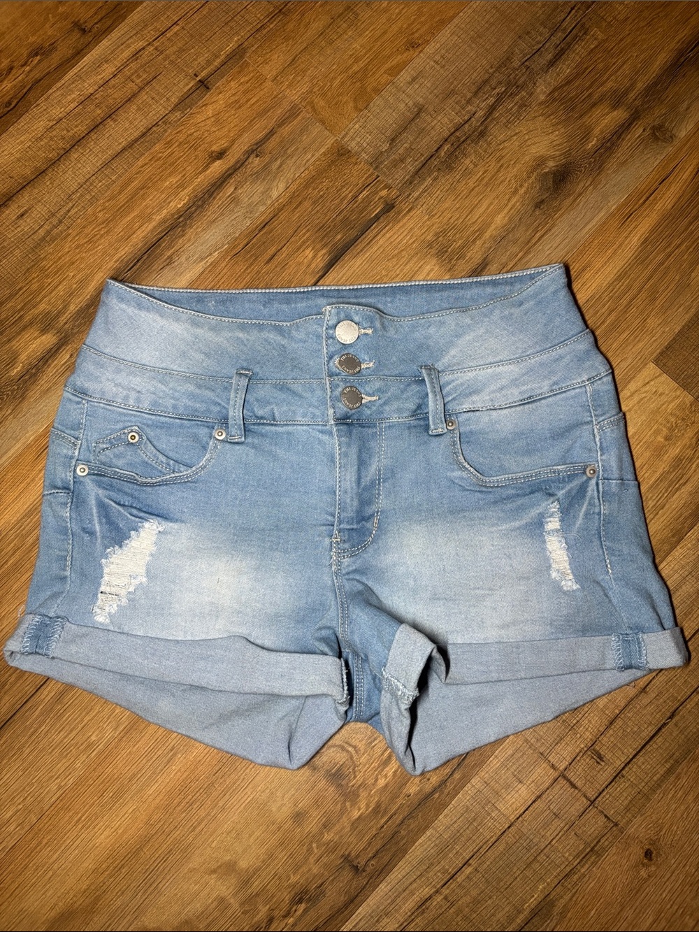 High-Rise Light Blue Denim Jean Shorts with Triple Button Waist
